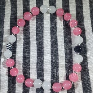 Handmade Pink & White Beaded Stretch Ankle Bracelet with Silver Accents